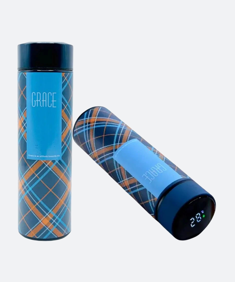LED Temperature Display Water Bottle | Checkered Design | Smart Stainless Steel Vacuum 500ml Flask | Random Color - Image 4
