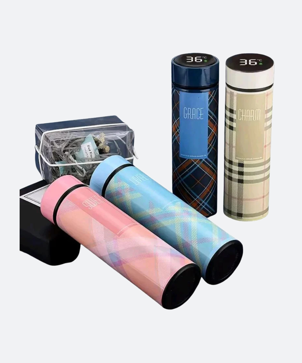 LED Temperature Display Water Bottle | Checkered Design | Smart Stainless Steel Vacuum 500ml Flask | Random Color - Image 3