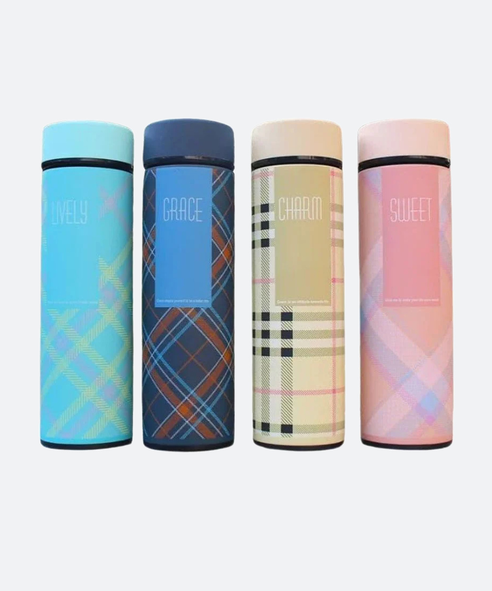 LED Temperature Display Water Bottle | Checkered Design | Smart Stainless Steel Vacuum 500ml Flask | Random Color - Image 2