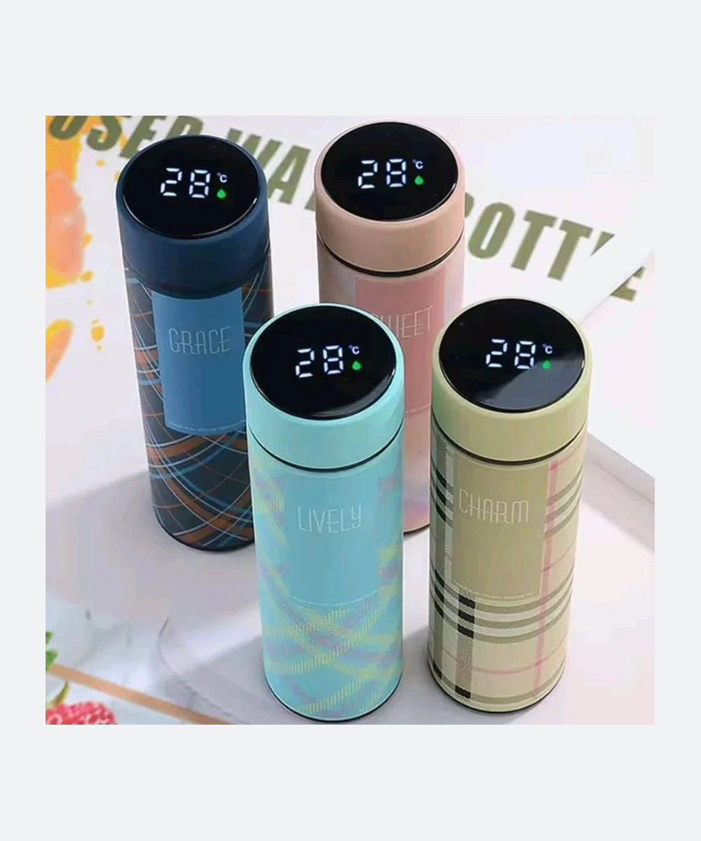 LED Temperature Display Water Bottle | Checkered Design | Smart Stainless Steel Vacuum 500ml Flask | Random Color
