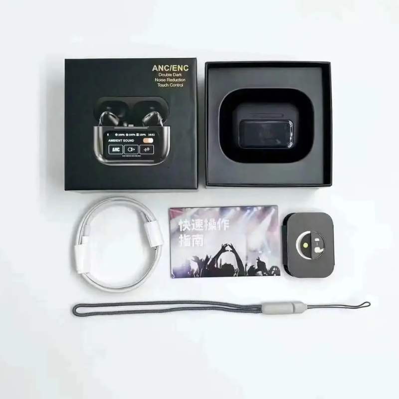 Black A9 Pro ANC Bluetooth 5.4 Wireless Earbuds with Smart Screen and Active Noise Cancellation - Image 4