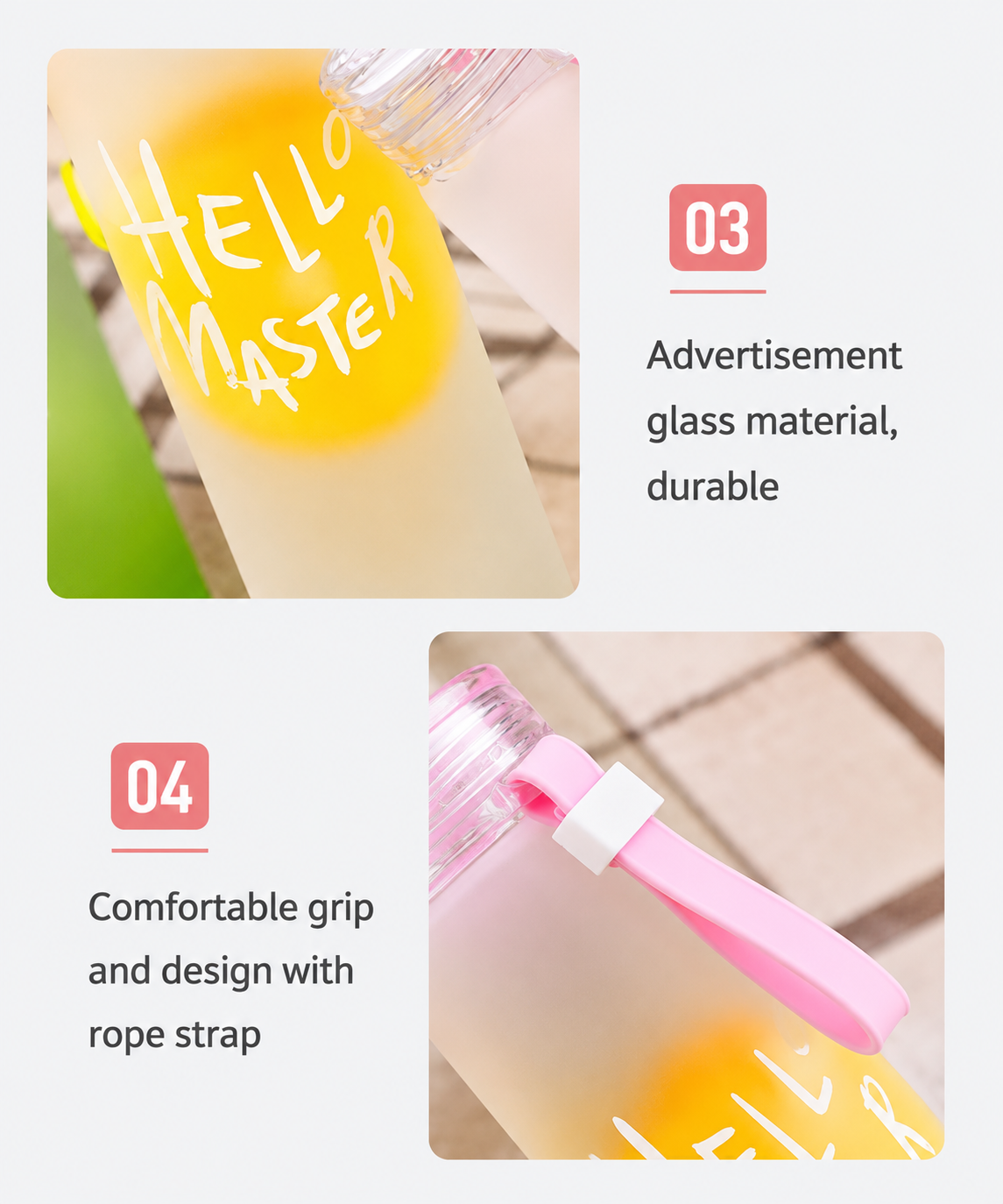 Pink Frosted Glass Water Bottle | Leak-Proof Insulated Bottle with Hello Master Decal Logo | 400ml - Image 6