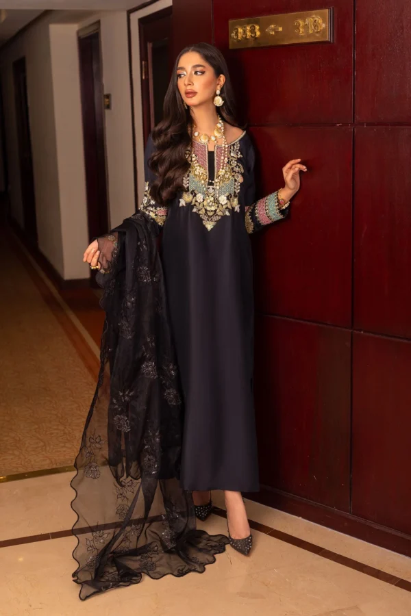 Meraj Black Embroidered Raw Silk Dress